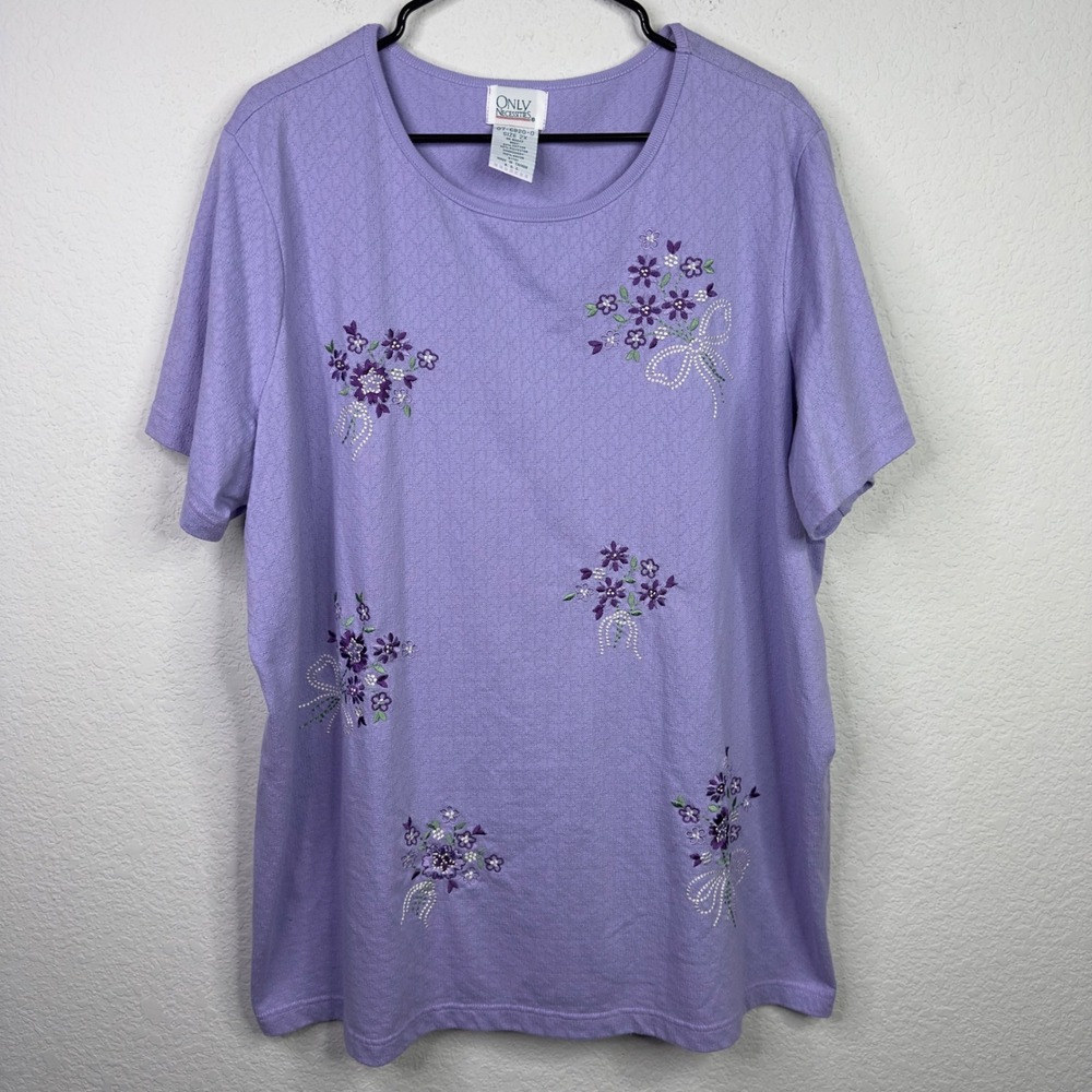 Only Necessities Shirt Womens 2X Purple Floral Embroidered Cottagecore Coquette